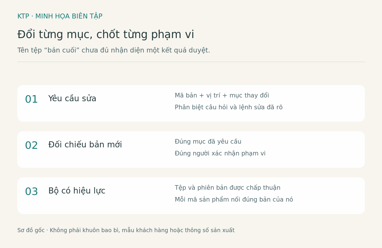 Sơ đồ bi&ecirc;n tập theo d&otilde;i mục sửa, người x&aacute;c nhận v&agrave; bản c&oacute; hiệu lực của từng phi&ecirc;n bản bao b&igrave;