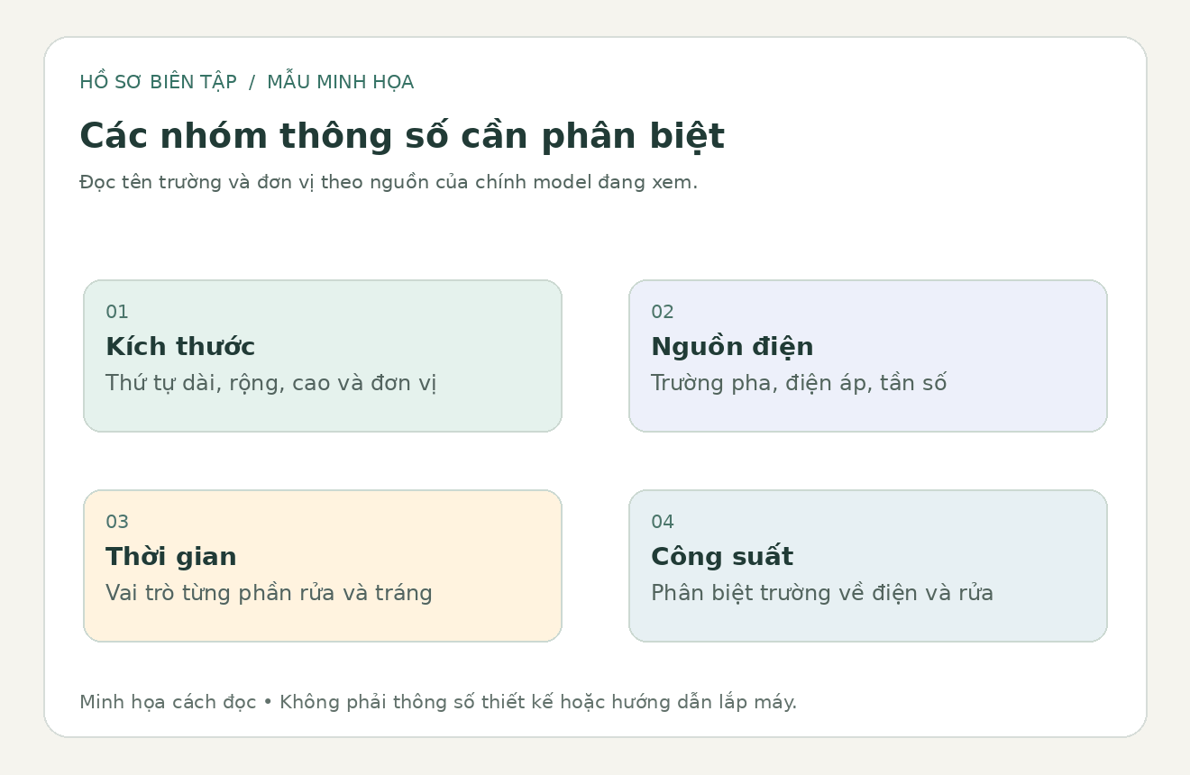 Sơ đồ biên tập phân biệt kích thước, nguồn điện, thời gian và trường công suất trong thông tin model