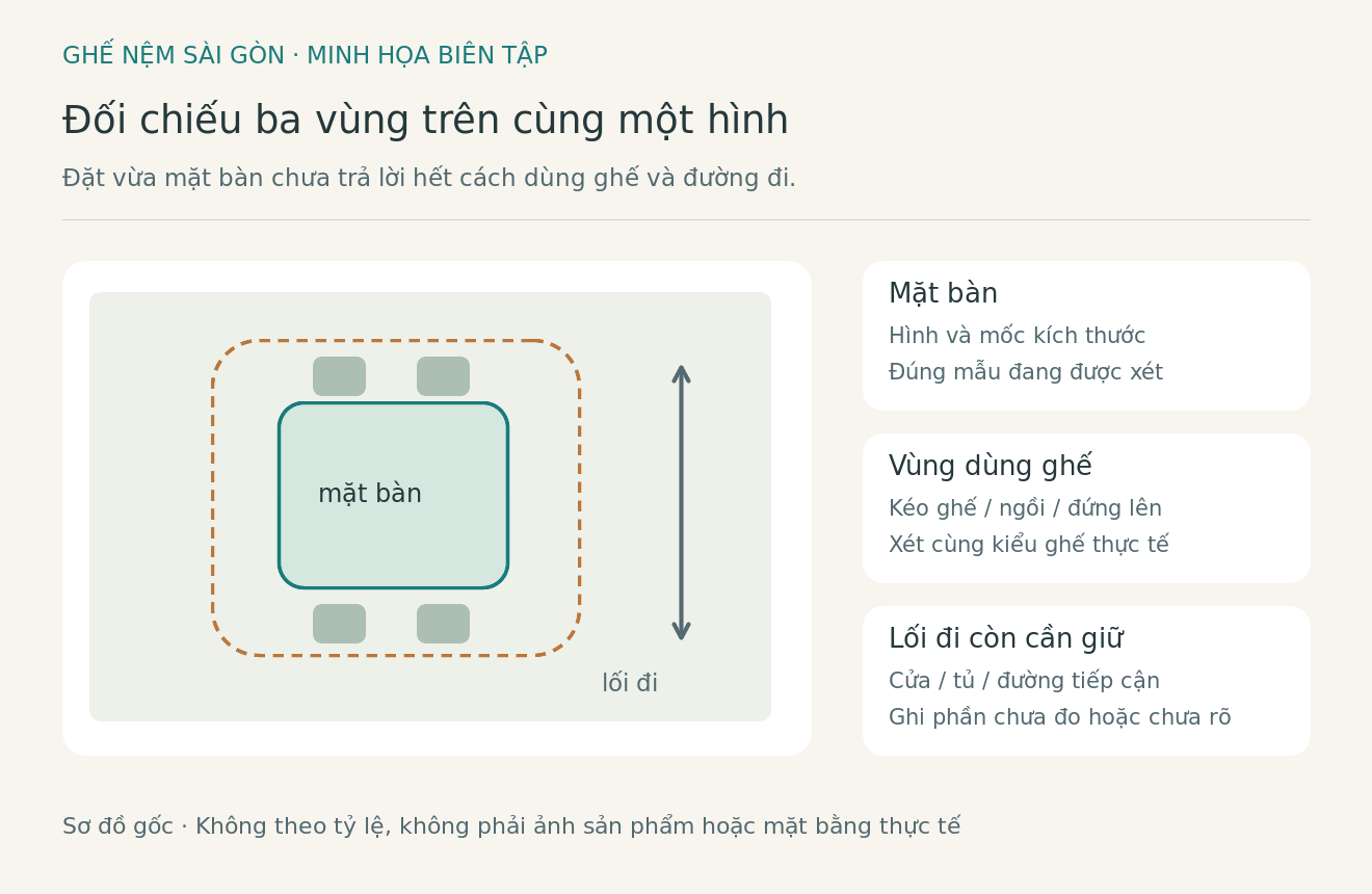 Sơ đồ biên tập phân biệt vùng mặt bàn, vùng kéo ghế và đường đi trong bố cục phòng ăn