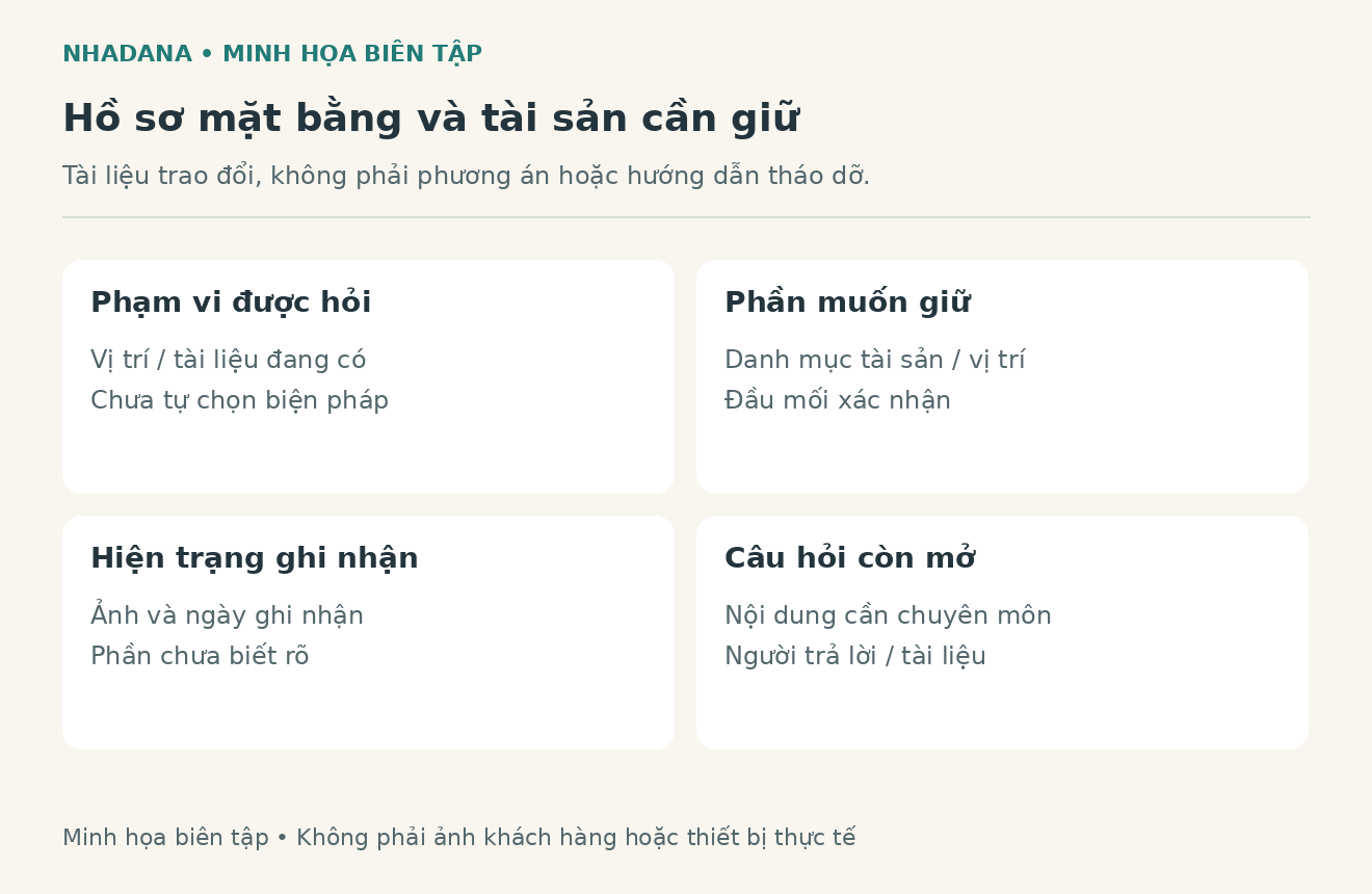 Sơ đồ biên tập phạm vi mặt bằng và danh sách đồ giữ lại cần xác nhận trước tháo dỡ