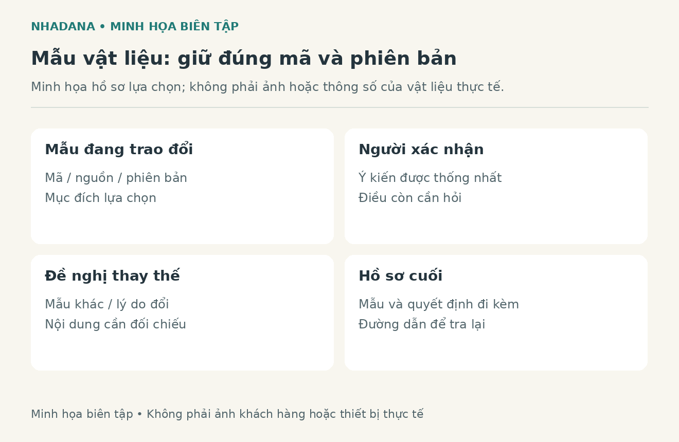 Sơ đồ bi&ecirc;n tập sổ mẫu vật liệu với vị tr&iacute; sử dụng, m&atilde; nhận diện v&agrave; trạng th&aacute;i duyệt