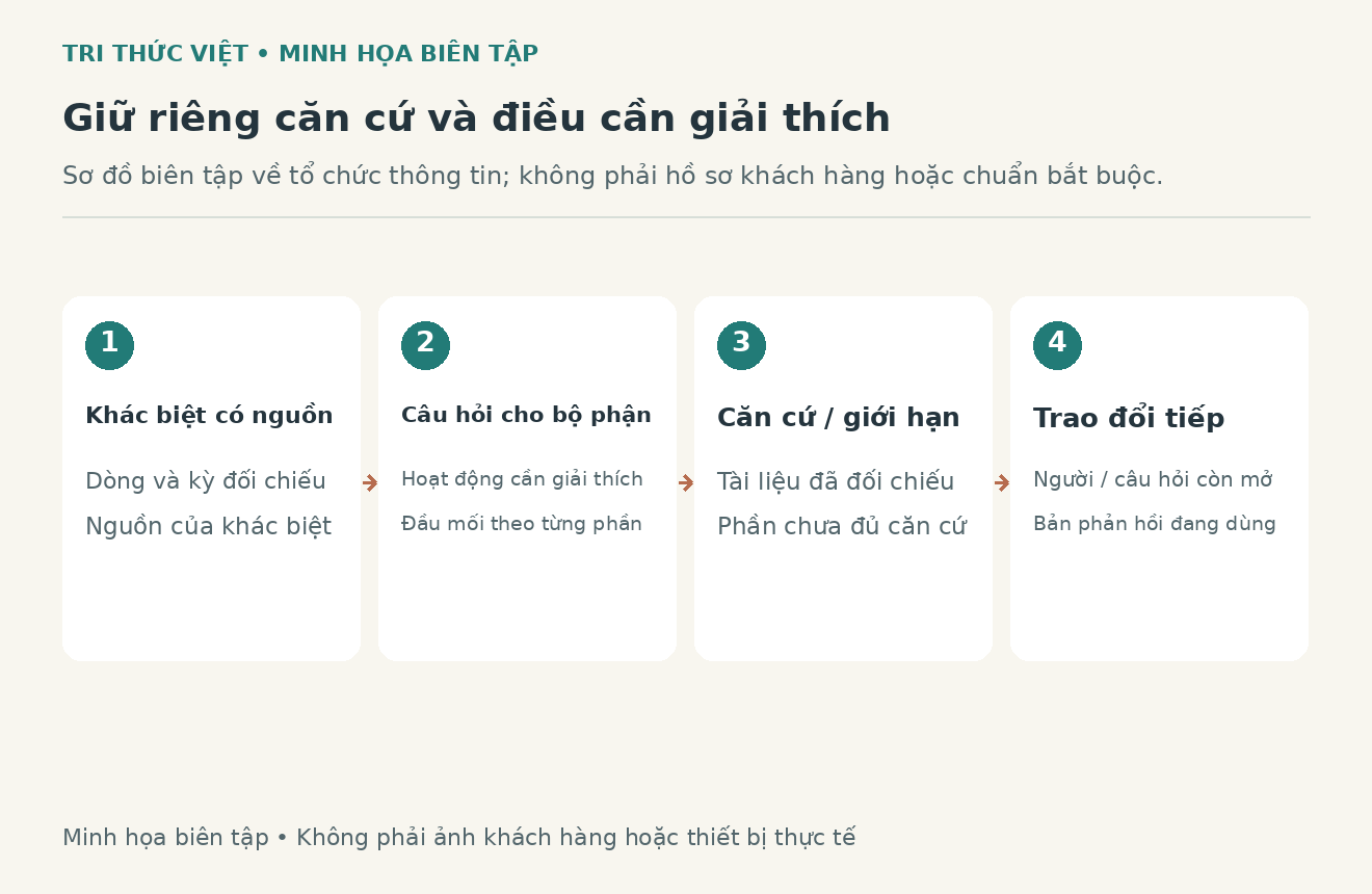 Sơ đồ biên tập minh họa từ khác biệt dữ liệu đến câu hỏi, căn cứ và bước trao đổi tiếp theo