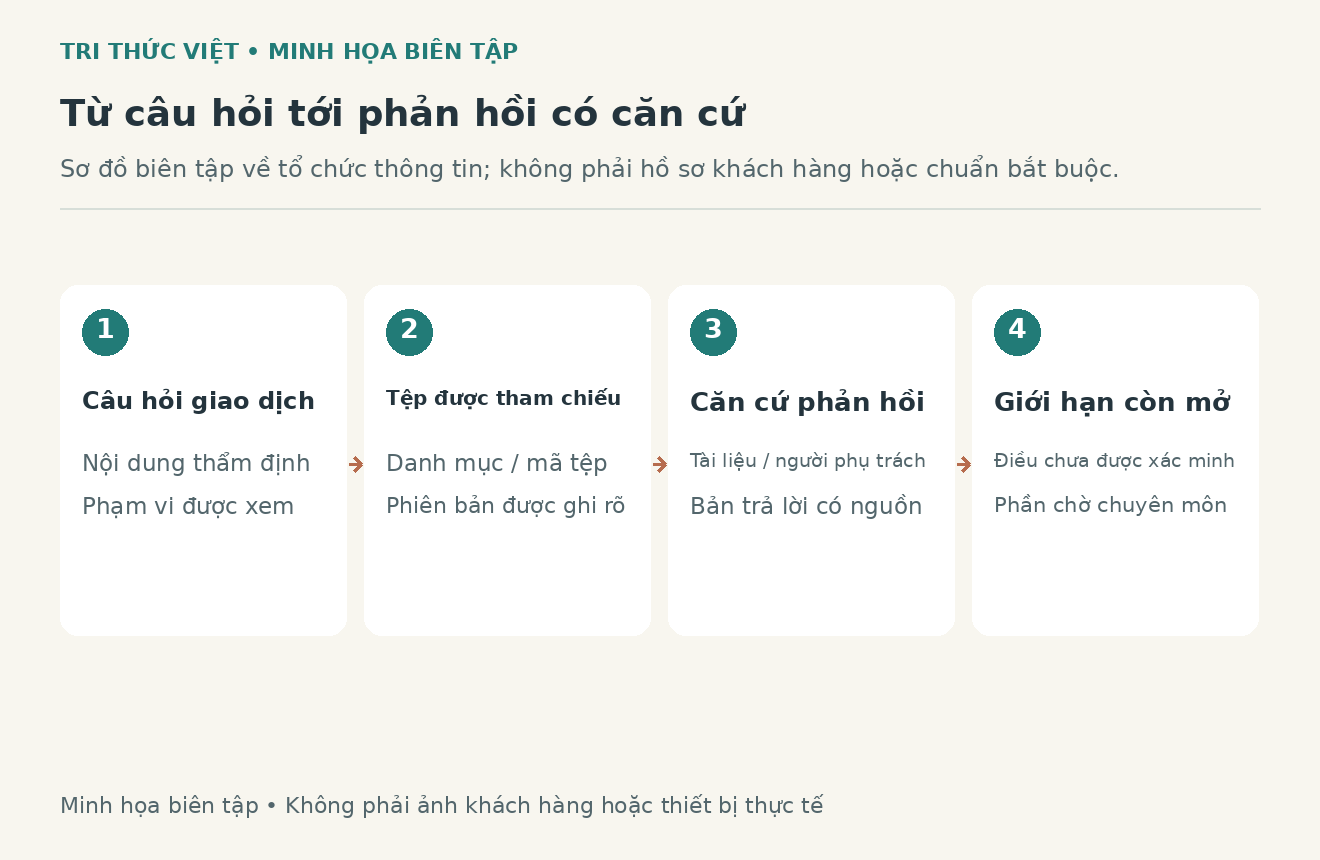 Sơ đồ bi&ecirc;n tập minh họa nối c&acirc;u hỏi giao dịch với tệp nguồn, phản hồi v&agrave; giới hạn chưa giải quyết