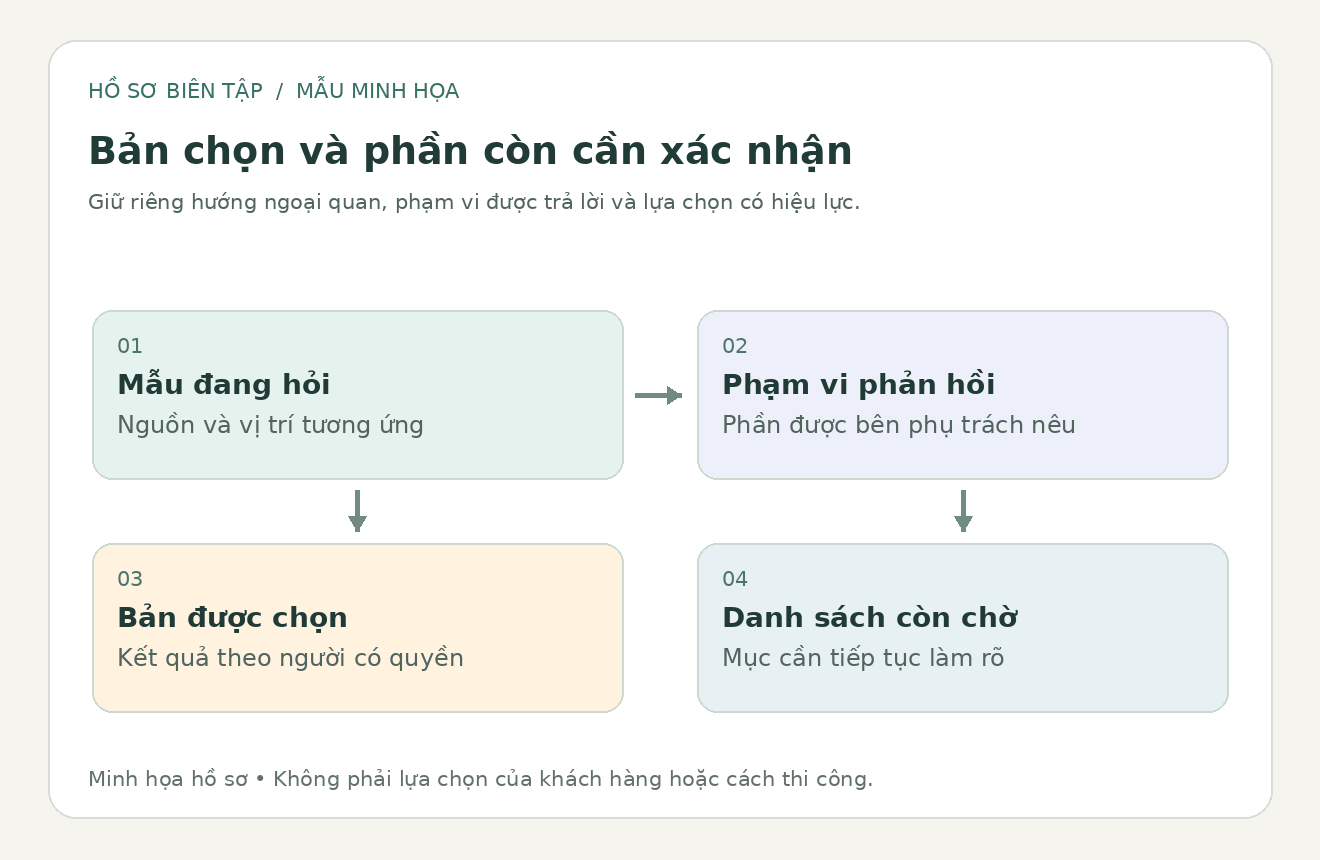 Sơ đồ biên tập phân biệt mẫu đang hỏi, bản được lựa chọn và phần còn cần xác nhận theo từng vị trí