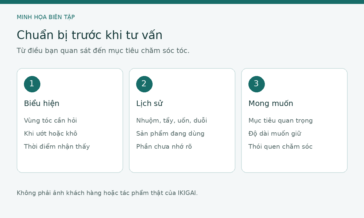 Sơ đồ minh họa thông tin cần chuẩn bị khi tư vấn phục hồi tóc hư tổn